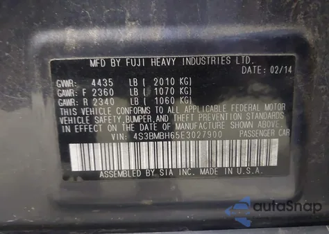 2014 Subaru Legacy 2.5 I Sport from USA, damaged, VIN 4S3BMBH65E3027900